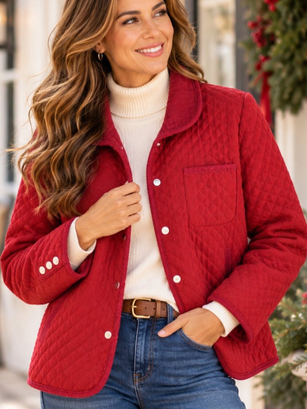 Talbots Petites Womens M Red Quilted Jacket Corduroy Collar Snap Front Coat Co
